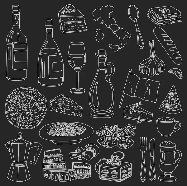 Vektör doodle set İtalyan menüsü için. Gıda seyahat mutfağı Restaraunt yolculuk — Stok Vektör