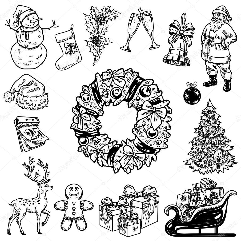 Holly jolly Merry Christmas vector set of hand drawn icons Happy new year — Vector by Helen F