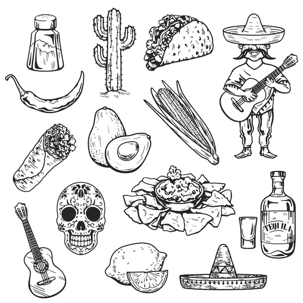 Viajar para o México Cultura alimentar Cozinha Bebida Mão desenhar ícones vetoriais — Vetor de Stock
