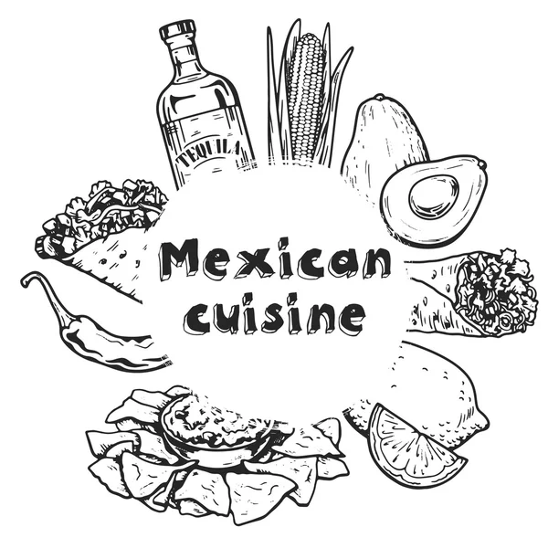 Călătorie în Mexic Cultură Alimentară Băutură Bucătărie Trage de mână icoane vectoriale — Vector de stoc