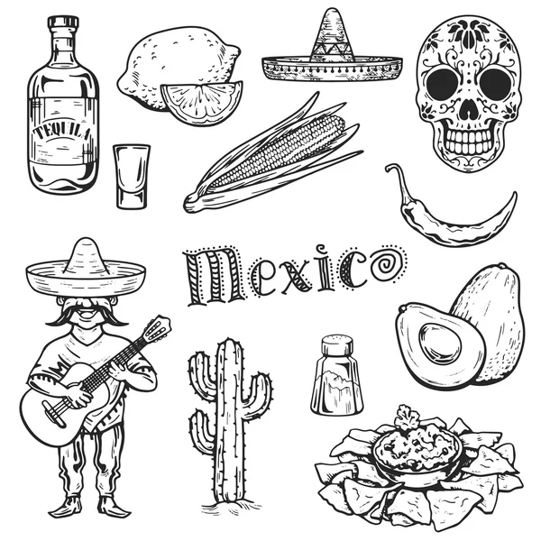 Viajar para o México Cultura alimentar Cozinha Bebida Mão desenhar ícones vetoriais — Vetor de Stock