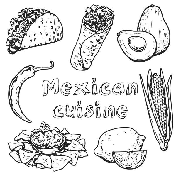 Perjalanan ke Mexico Food Culture Drink Cuisine Hand menarik ikon vektor Stok Vektor