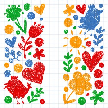 Çiçekli ve kuşlu çocuk yuvası desenleri. Çocuklar çiçek vektör llüstrasyonu.
