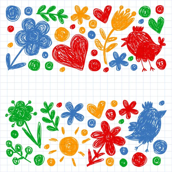 Patrón de jardín de infantes con flores y pájaros. Ilustración vectorial floral niños. — Vector de stock
