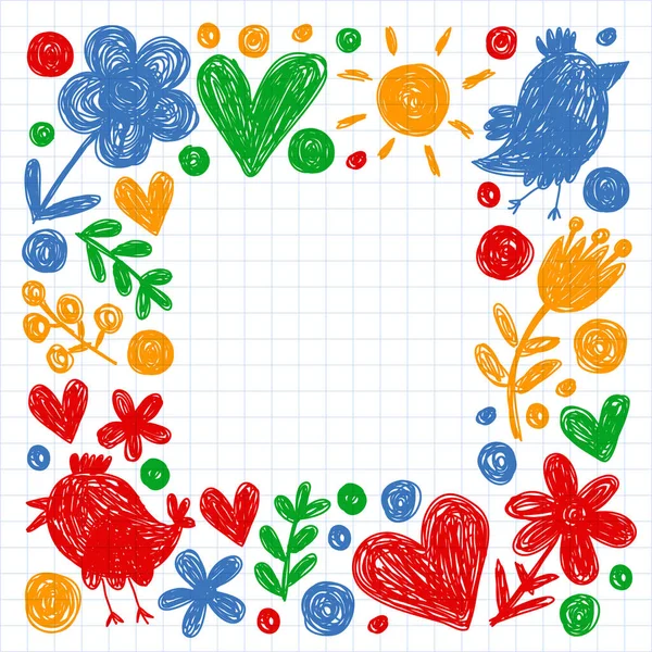 Patrón de jardín de infantes con flores y pájaros. Ilustración vectorial floral niños. — Vector de stock