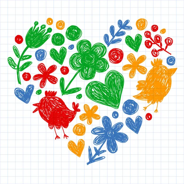 Jardin d'enfants motif de la maternelle avec des fleurs et des oiseaux. Illustration vectorielle florale pour enfants. — Image vectorielle