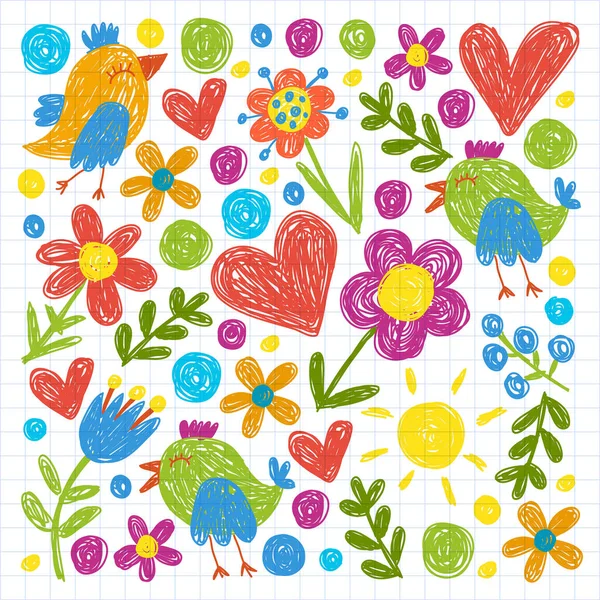 Kinderen kleuterschool patroon met bloemen en vogels. Kinderen florale vector llustratie. — Stockvector