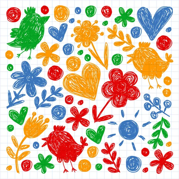 Kindergartenkinder mit Blumen und Vögeln. Kinder florale Vektorllustration. — Stockvektor