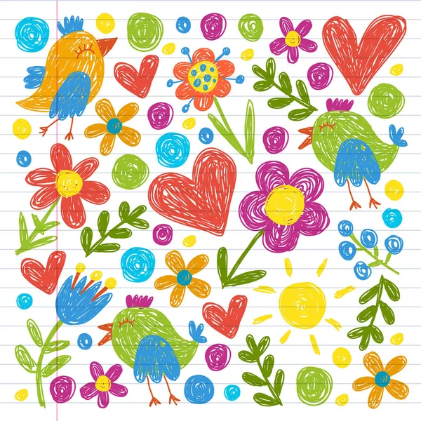 Jardin d'enfants motif de la maternelle avec des fleurs et des oiseaux. Illustration vectorielle florale pour enfants. — Image vectorielle