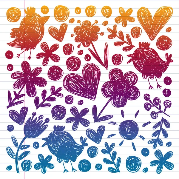 Jardin d'enfants motif de la maternelle avec des fleurs et des oiseaux. Illustration vectorielle florale pour enfants. — Image vectorielle