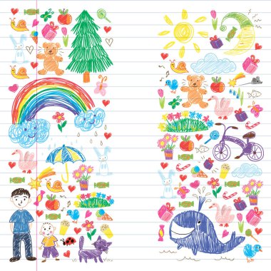 Anaokulu. Çocukların çizim tarzı. - Aile. Anne, baba, kız kardeş, erkek kardeş. Erkekler ve kızlar. Vektör deseni.