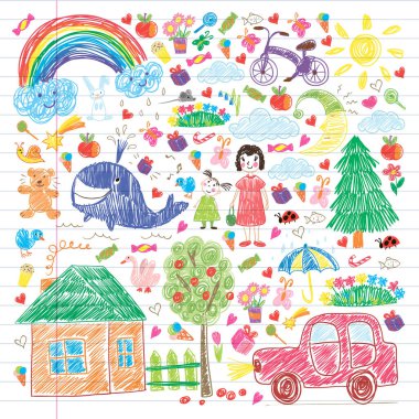 Anaokulu. Çocukların çizim tarzı. - Aile. Anne, baba, kız kardeş, erkek kardeş. Erkekler ve kızlar. Vektör deseni.