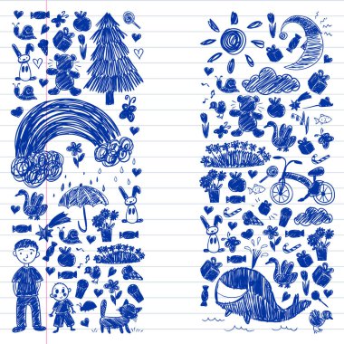 Anaokulu. Çocukların çizim tarzı. - Aile. Anne, baba, kız kardeş, erkek kardeş. Erkekler ve kızlar. Vektör deseni.