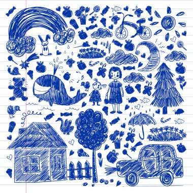 Anaokulu. Çocukların çizim tarzı. - Aile. Anne, baba, kız kardeş, erkek kardeş. Erkekler ve kızlar. Vektör deseni.