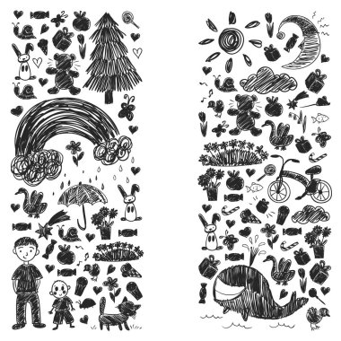 Anaokulu. Çocukların çizim tarzı. - Aile. Anne, baba, kız kardeş, erkek kardeş. Erkekler ve kızlar. Vektör deseni.