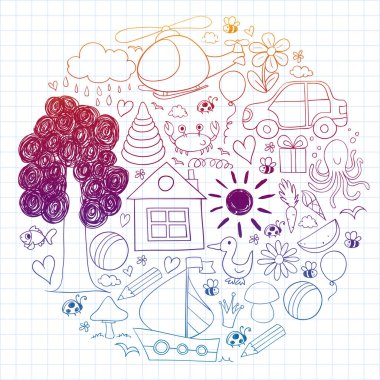 Helikopteri, evi, oyuncakları, gemisi olan bir çocuk yuvası modeli. Erkekler ve kızlar online eğitim.