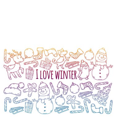 Çocuklu bir Noel kış vektörü. Çocuklar tatil ve spor.