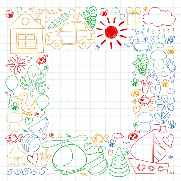 Modèle de jardin d'enfants vectoriel avec hélicoptère, maison, jouets, bateau. Éducation en ligne des garçons et des filles. — Image vectorielle