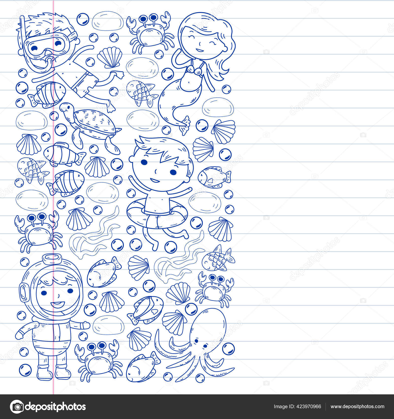 Water park. Diving pattern with children. Octopus, whale. Summer ...