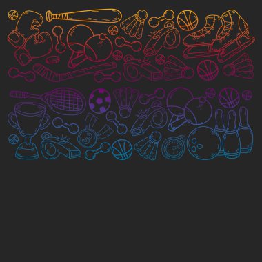 Spor unsurlarıyla vektör deseni. Fitness, oyunlar, egzersizler. Çocukların çizim tarzında karalama simgeleri