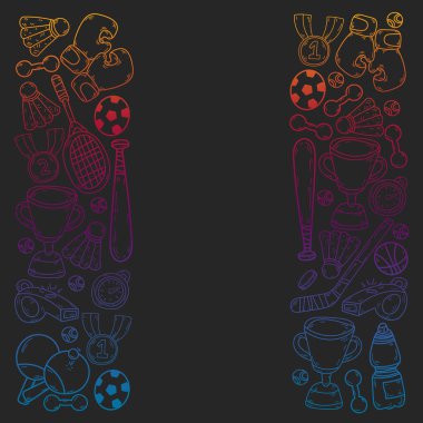 Spor unsurlarıyla vektör deseni. Fitness, oyunlar, egzersizler. Çocukların çizim tarzında karalama simgeleri