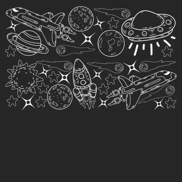 Patrón espacial de garabatos vectoriales. Tierra, Luna, Júpiter, Sol, Saturno. — Vector de stock