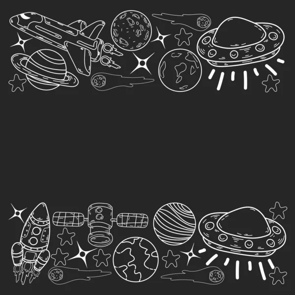 Vektor-Doodle-Raummuster. Erde, Mond, Jupiter, Sonne, Saturn. — Stockvektor