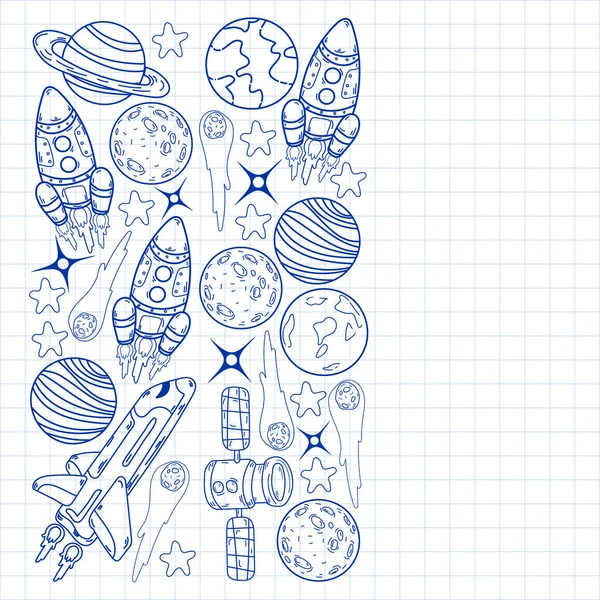Modèle vectoriel d'espace de doodle. Terre, Lune, Jupiter, Soleil, Saturne. — Image vectorielle