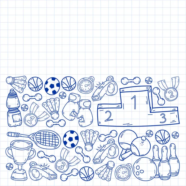 Patrón vectorial con elementos deportivos. Fitness, juegos, ejercicios. Doodle iconos en el estilo de dibujo de los niños — Archivo Imágenes Vectoriales