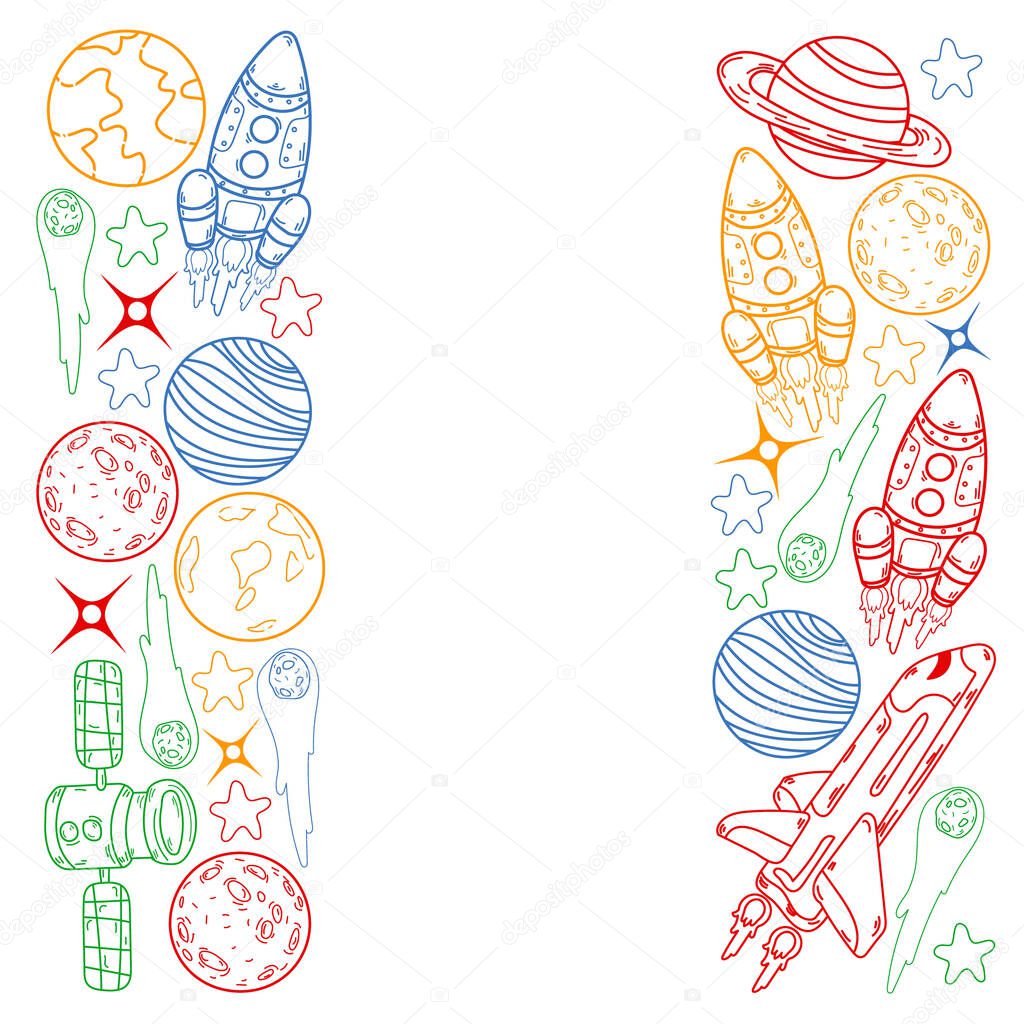 Vector doodle space pattern. Earth, Moon, Jupiter, Sun, Saturn.