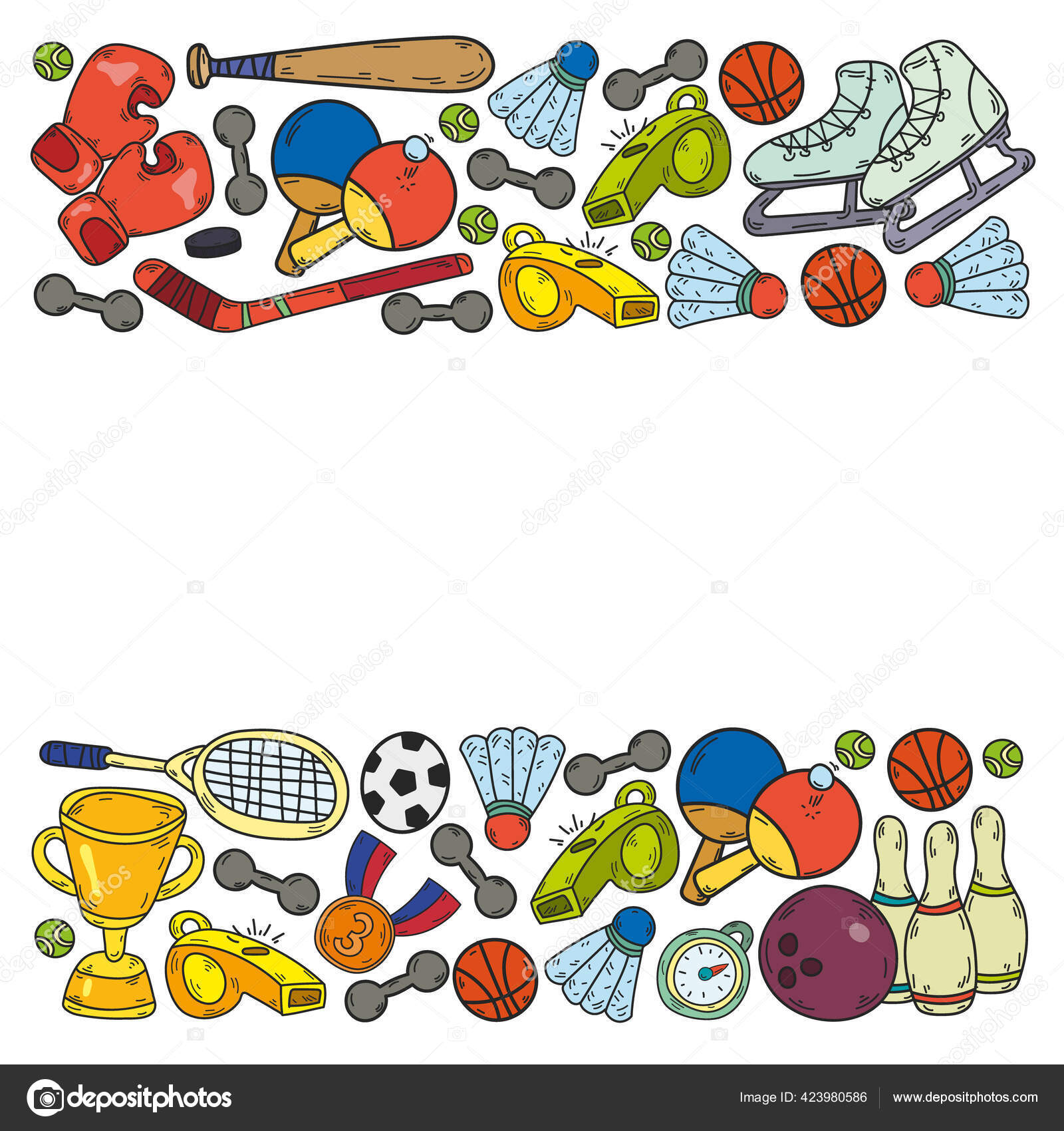 Vector pattern with sport elements. Fitness, games, exercises. Doodle icons  in kids drawing style Stock Vector by ©Helen_F 423980586