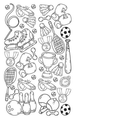 Spor unsurlarıyla vektör deseni. Fitness, oyunlar, egzersizler. Çocukların çizim tarzında karalama simgeleri
