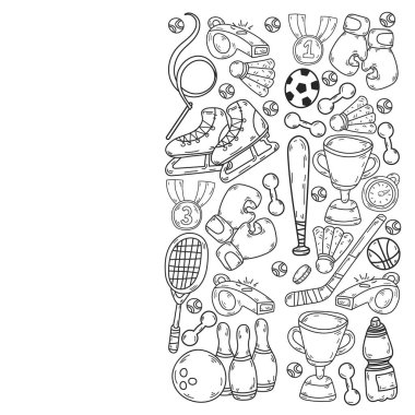 Spor unsurlarıyla vektör deseni. Fitness, oyunlar, egzersizler. Çocukların çizim tarzında karalama simgeleri