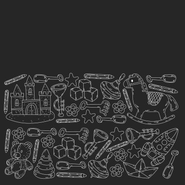 Küçük kızlar ve oğlanlar için ikonlar. El çizimi çocuk çizimi kalıpları. Anaokulu oyuncakları geçmişi. Vektör illüstrasyonu.