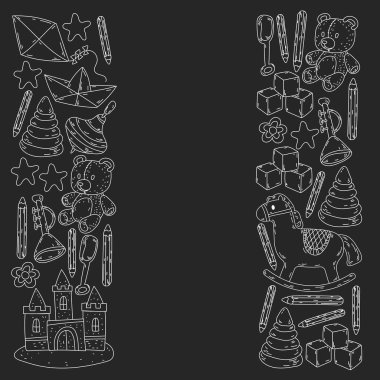 Küçük kızlar ve oğlanlar için ikonlar. El çizimi çocuk çizimi kalıpları. Anaokulu oyuncakları geçmişi. Vektör illüstrasyonu.