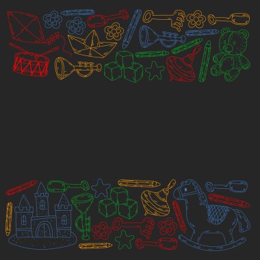 Küçük kızlar ve oğlanlar için ikonlar. El çizimi çocuk çizimi kalıpları. Anaokulu oyuncakları geçmişi. Vektör illüstrasyonu.