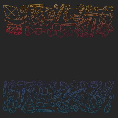 Küçük kızlar ve oğlanlar için ikonlar. El çizimi çocuk çizimi kalıpları. Anaokulu oyuncakları geçmişi. Vektör illüstrasyonu.