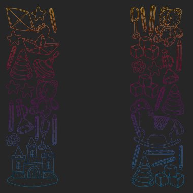 Küçük kızlar ve oğlanlar için ikonlar. El çizimi çocuk çizimi kalıpları. Anaokulu oyuncakları geçmişi. Vektör illüstrasyonu.