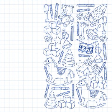 Küçük kızlar ve oğlanlar için ikonlar. El çizimi çocuk çizimi kalıpları. Anaokulu oyuncakları geçmişi. Vektör illüstrasyonu.