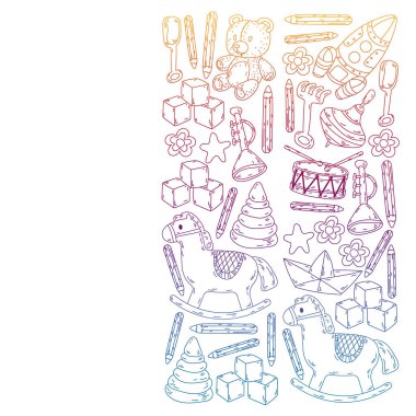 Küçük kızlar ve oğlanlar için ikonlar. El çizimi çocuk çizimi kalıpları. Anaokulu oyuncakları geçmişi. Vektör illüstrasyonu.