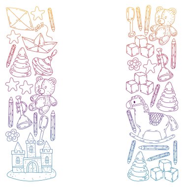 Küçük kızlar ve oğlanlar için ikonlar. El çizimi çocuk çizimi kalıpları. Anaokulu oyuncakları geçmişi. Vektör illüstrasyonu.