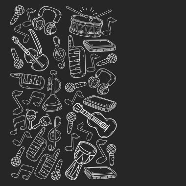 Müzik enstrümanları olan vektör müzik arkaplanı. Rock, piyano, gitar, caz. Melodi ve mikrofon. Konser.