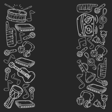 Müzik enstrümanları olan vektör müzik arkaplanı. Rock, piyano, gitar, caz. Melodi ve mikrofon. Konser.