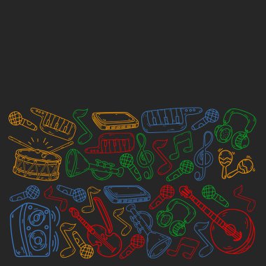 Müzik enstrümanları olan vektör müzik arkaplanı. Rock, piyano, gitar, caz. Melodi ve mikrofon. Konser.
