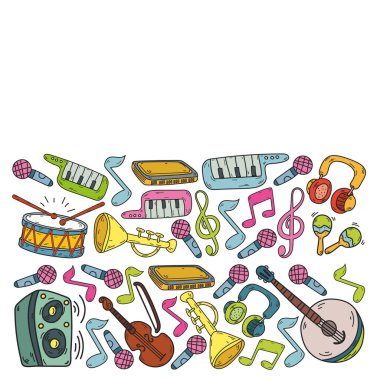 Müzik enstrümanları olan vektör müzik arkaplanı. Rock, piyano, gitar, caz. Melodi ve mikrofon. Konser.