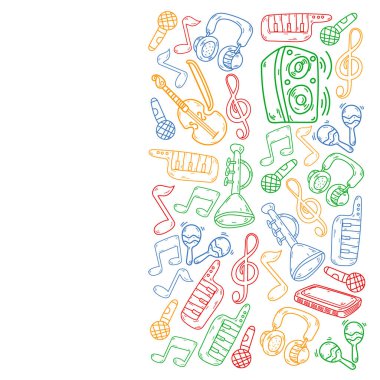 Müzik enstrümanları olan vektör müzik arkaplanı. Rock, piyano, gitar, caz. Melodi ve mikrofon. Konser.