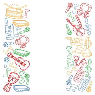 Müzik enstrümanları olan vektör müzik arkaplanı. Rock, piyano, gitar, caz. Melodi ve mikrofon. Konser.