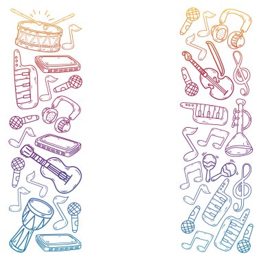 Müzik enstrümanları olan vektör müzik arkaplanı. Rock, piyano, gitar, caz. Melodi ve mikrofon. Konser.