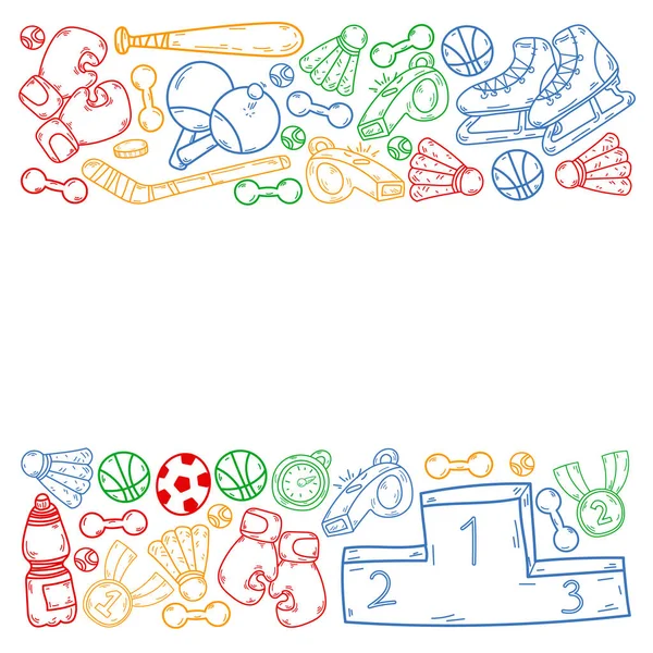 Vectorpatroon met sportelementen. Fitness, spelletjes, oefeningen. Doodle pictogrammen in kinderen tekenen stijl — Stockvector