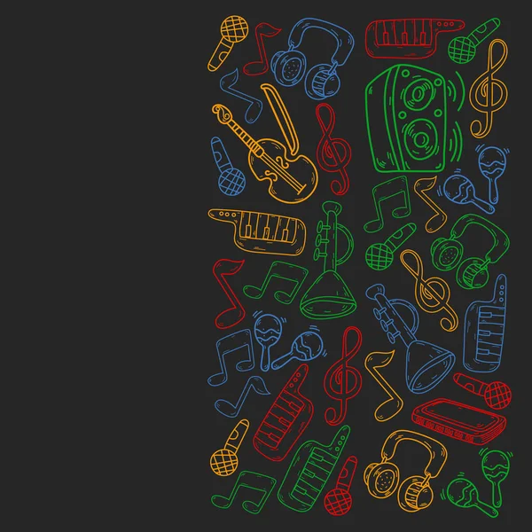 Fondo de música vectorial con instrumentos musicales. Rock, piano, guitarra, jazz. Melodía y micrófono. Concierto. — Vector de stock